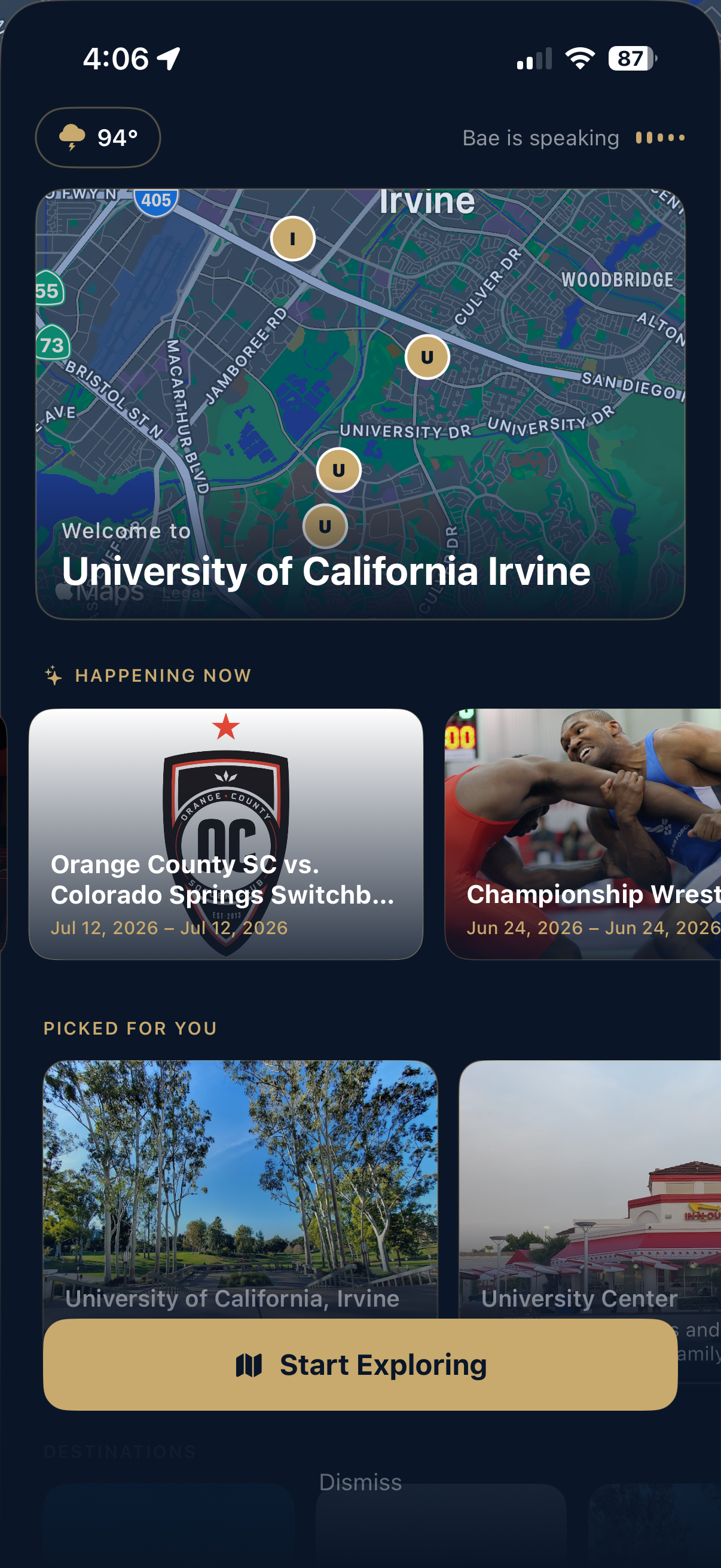The BAUX app welcoming a visitor to UC Irvine — Bae is speaking